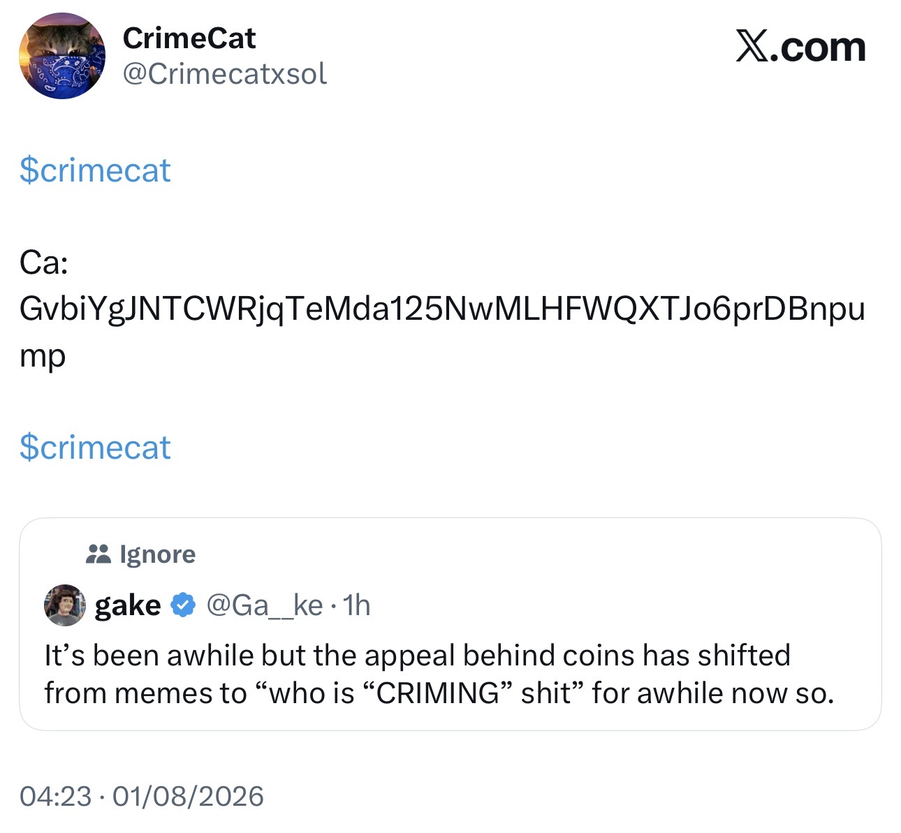 CrimeCat tweet from @Crimecatxsol sharing the $CRIMECAT contract address